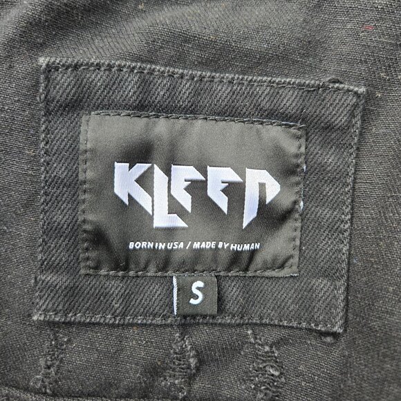 KLEEP Black Distressed Graphic Denim Statement Jacket Mens size S - Picture 3 of 9